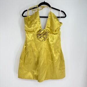 Miss Circle Gold Mini Halter Rose Neck Tie Metallic Panel Mini Dress